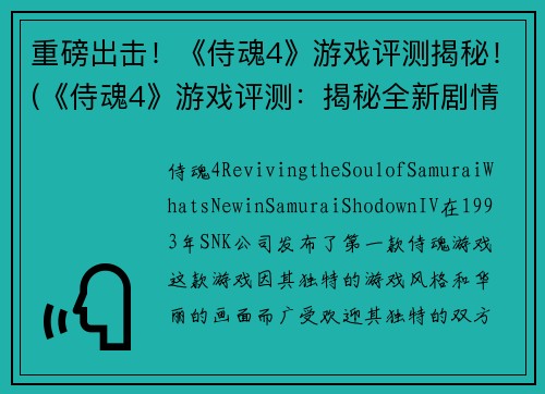 重磅出击！《侍魂4》游戏评测揭秘！(《侍魂4》游戏评测：揭秘全新剧情与玩法！)